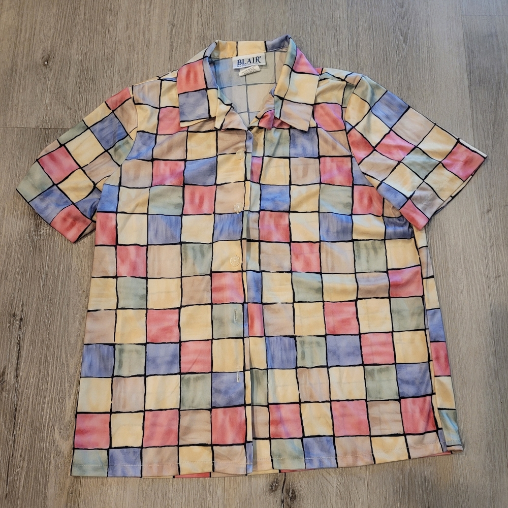 Blair Color Block Checkered Short Sleeve Button Down Blouse